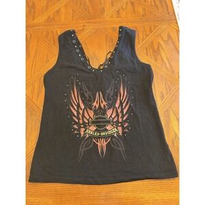 Vintage Y2K Harley Davidson‎ Motorcycle Biker Center Logo Black Women's Tee
